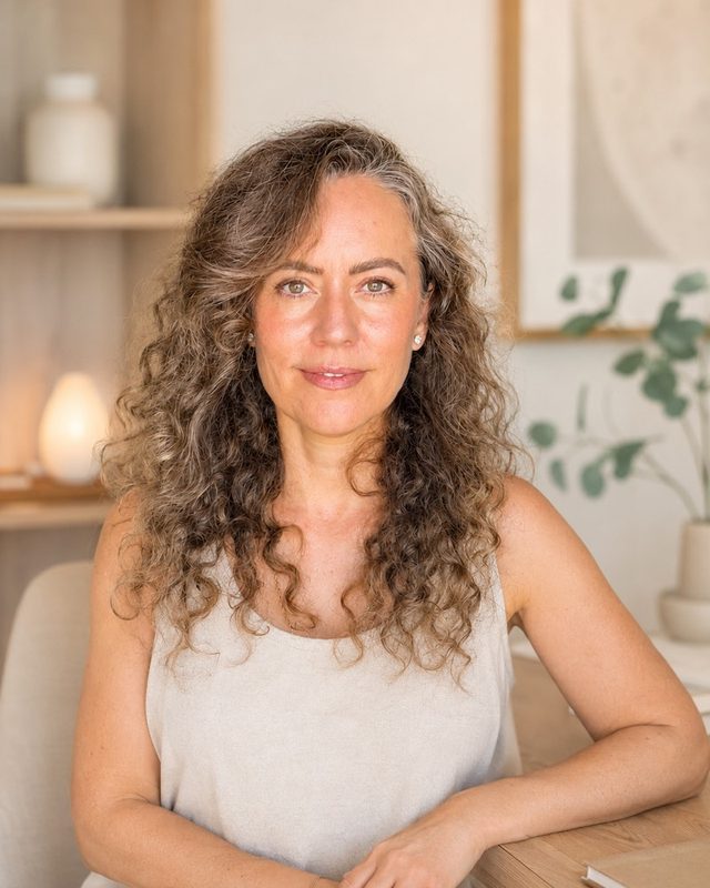 Retrato de Anna Fernández sentada junto a una mesa de madera, con luz natural cálida.